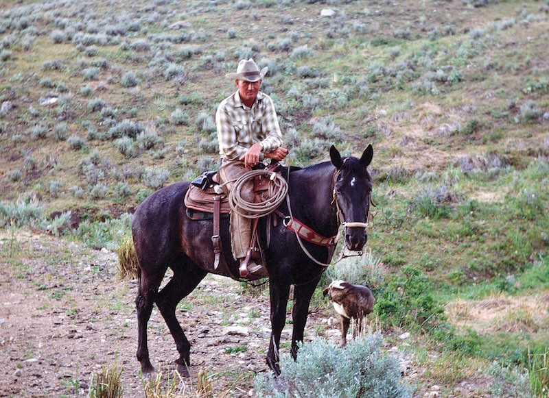 An American cowboy with his dog somewhere in Wyoming.